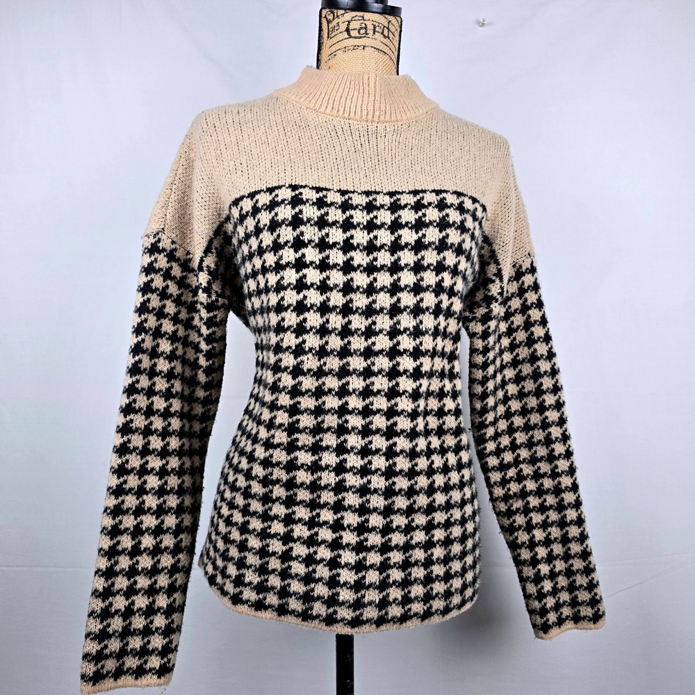 I.N. Studio Petite Women's Houndstooth Mock Neck Sweater Tan Black Petite Large